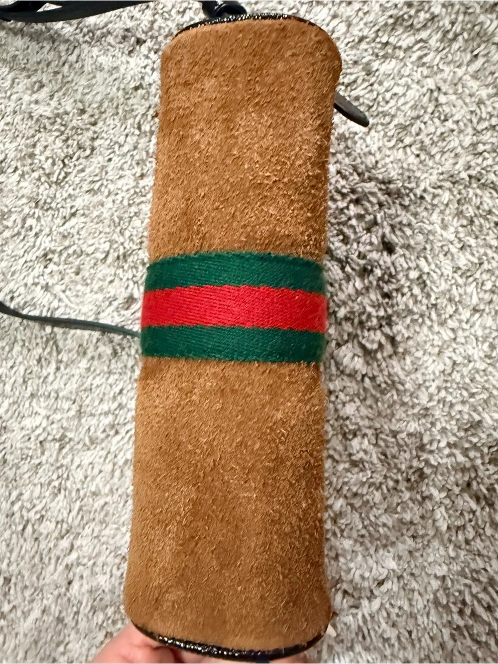 Gucci Ophidia Small Brown Suede Crossbody Camera Bag w/ Green-Red Stripe